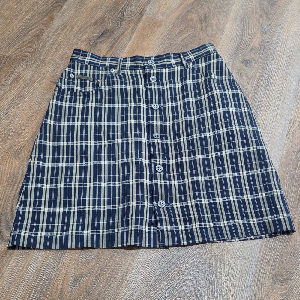 Vintage Calvin Klein Jeans Plaid Button Front Mini Skirt Navy Tan Size 8 90s